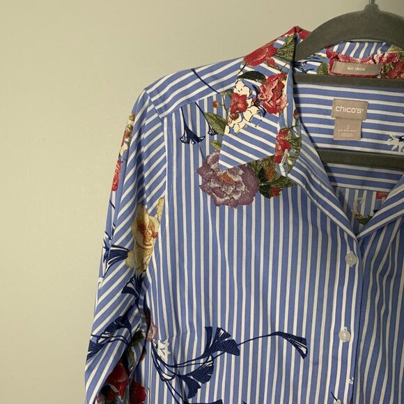 Chicos No Iron Blue White Striped Floral Button Down Shirt Womens Size 2 12/14 - Picture 3 of 10